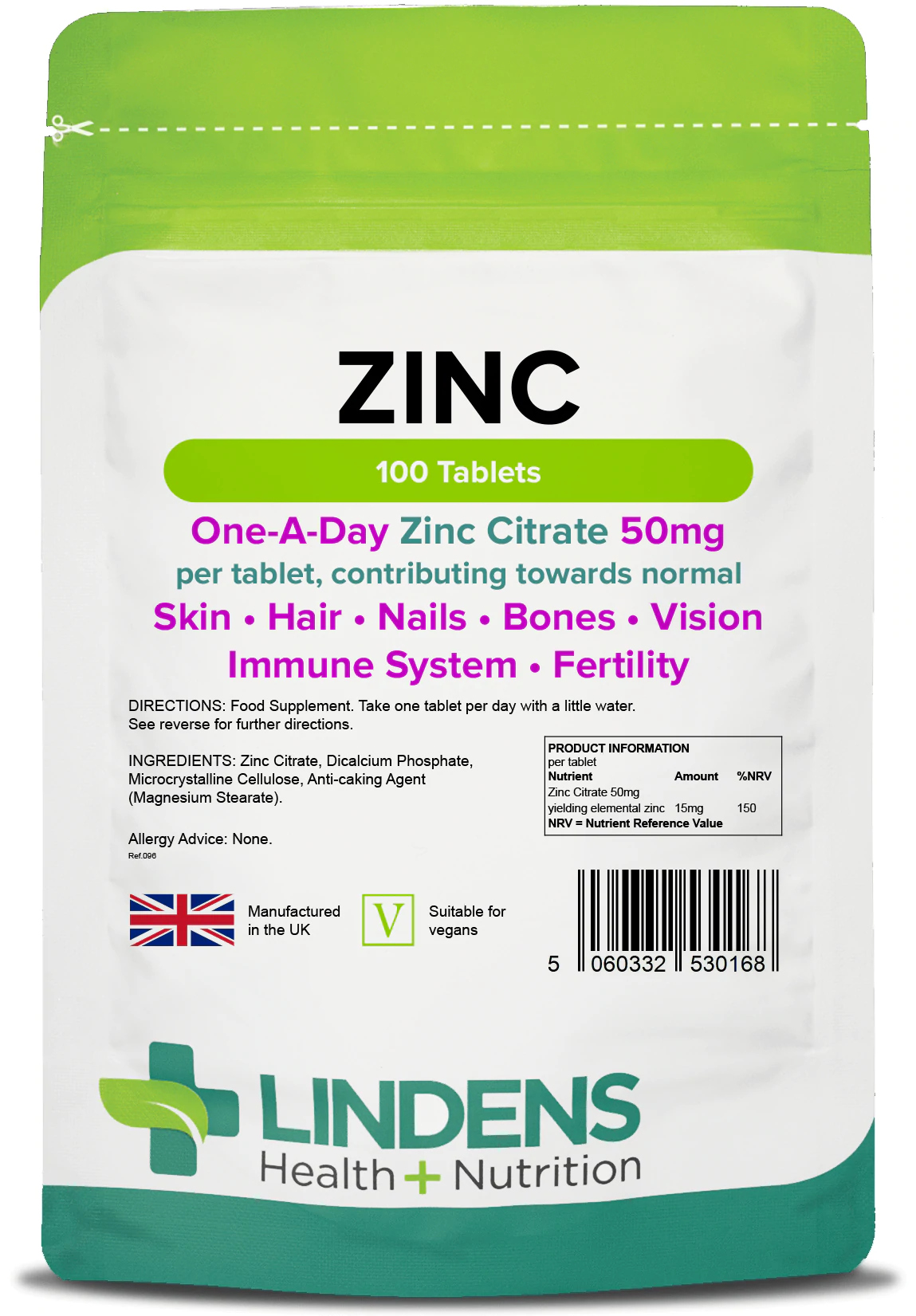 MINERALS Zinc Lindens Zinc Citrate 50mg Tablets